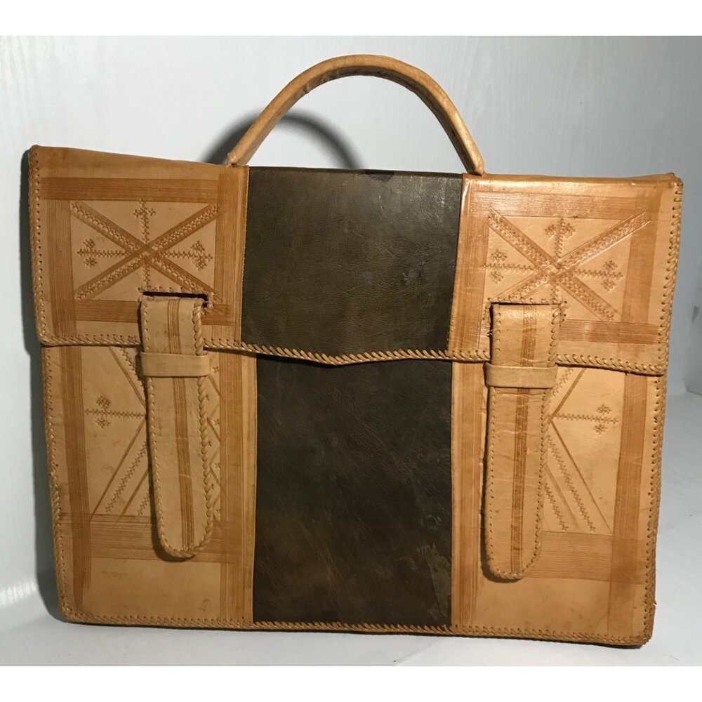 Leather Briefcase Hand Tooled Etched Patterns Stitched Details Slim 17" Wide Vtg